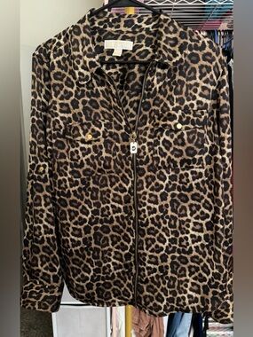 Michael Kors Leopard-Print Zip Front Shirt Jacket - Brown/Black